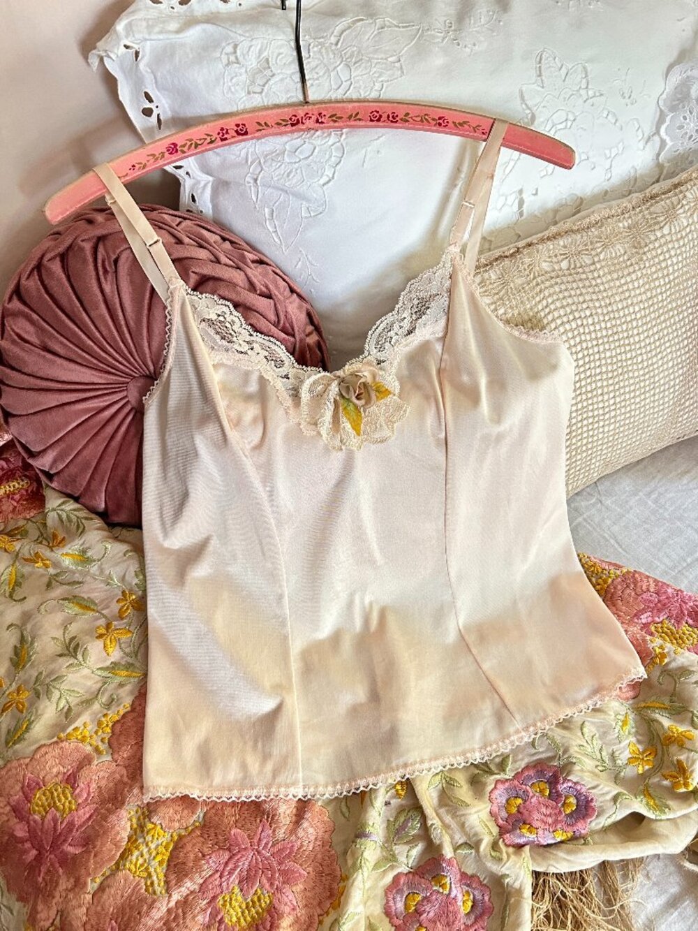 Vintage Lace Camisole, Apricot Nylon, Rose Ruffle Detail, Slip Top, Romantic